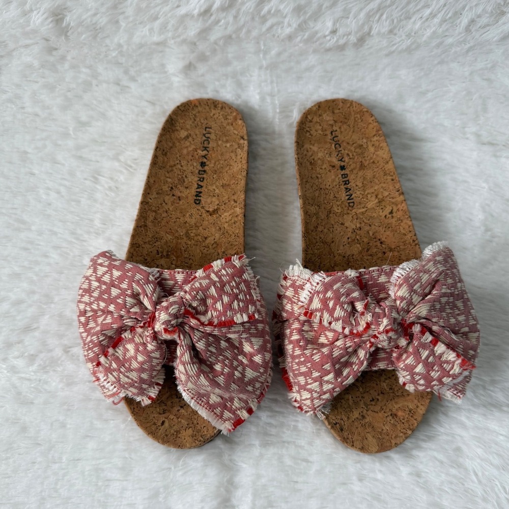 Lucky Brand Red Woven Bow Cork Slide Sandals Womens 8.5 M Flat Summer Shoes